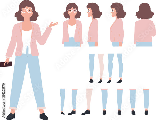 Casual business woman character constructor for animation. Front, side and back view set. Body parts, postures, poses collection.