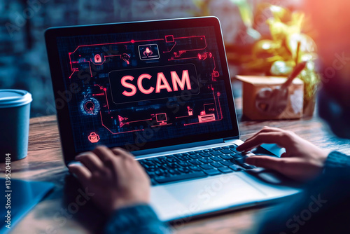 The businessman is using a chatbot robot with artificial intelligence technology to assist customers. The word SCAM is displayed on the picture