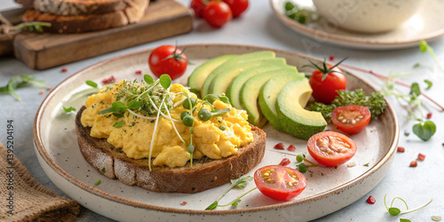 Breakfast plate, scrambled eggs on toast, avocado slices, cherry tomatoes, rustic table setting, ceramic dish, natural light, food photography, appetizing, fresh herbs garnish, morning meal, healthy 