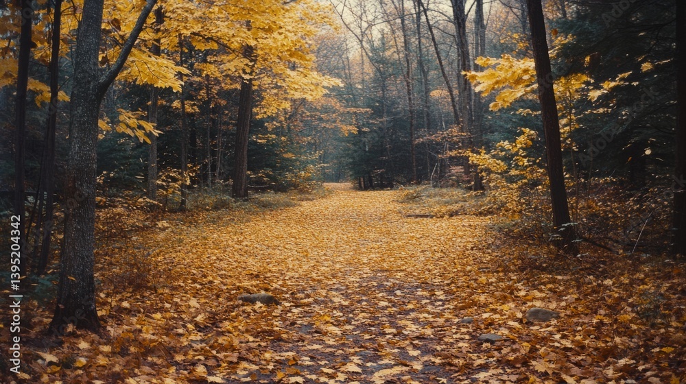 Obraz premium A carpet of golden leaves covers a woodland path, inviting exploration and capturing autumn's breathtaking palette in a serene, natural setting.