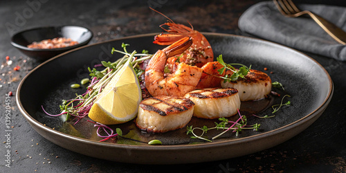 Grilled scallops, seared seafood, black ceramic plate, gourmet presentation, lemon wedge, microgreens, pomegranate seeds, restaurant quality, moody lighting, textured background, high-end cuisine,