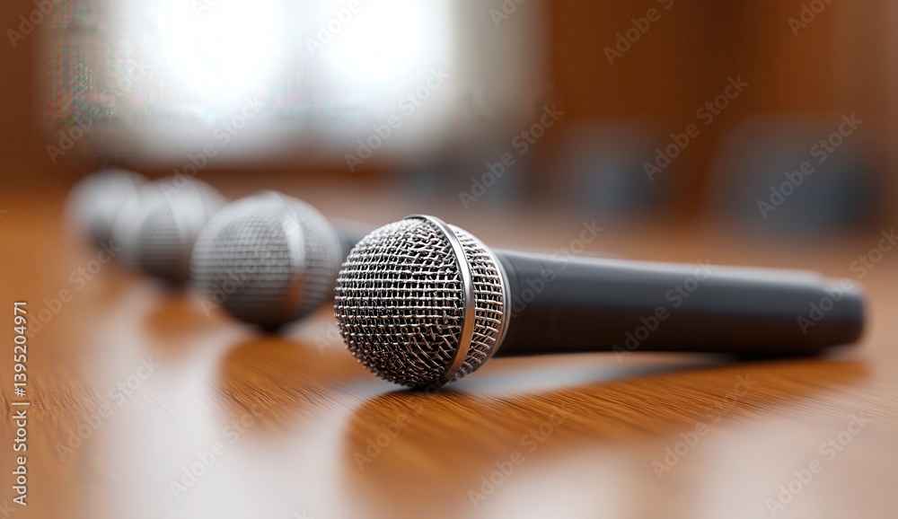 Obraz premium Close-Up View of Multiple Microphones on a Wood Table Surface