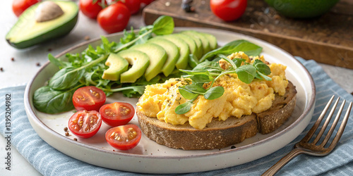 Healthy breakfast plate, avocado toast, scrambled eggs, cherry tomatoes, fresh spinach leaves, wooden table background, vibrant colors, natural lighting, food photography, rustic style, appetizing,