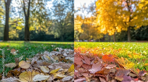 Leaves changing color across different seasons in a single image.