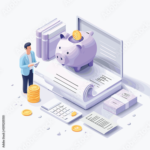 Character managing capital, profit, revenue, saving money in piggy bank, calculating tax, analyzing investments, funds. 