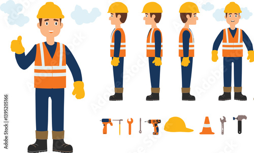 Construction worker, builder in helmet, vest, uniform. Character constructor for animation. Front, side and back view set.