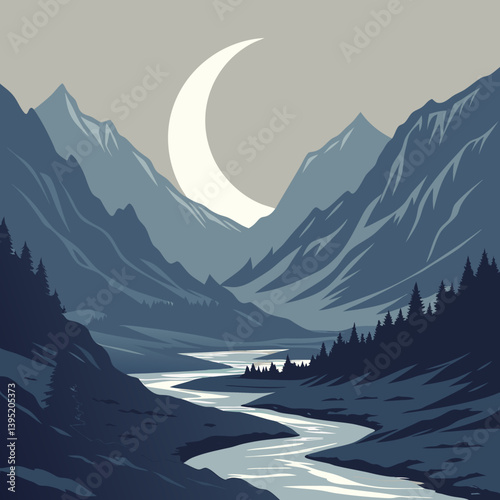 Winter Landscape With Mountains Melting Crescent Moon Over Mountain Valley – Glowing Silver Rivers Fantasy Landscape Vector