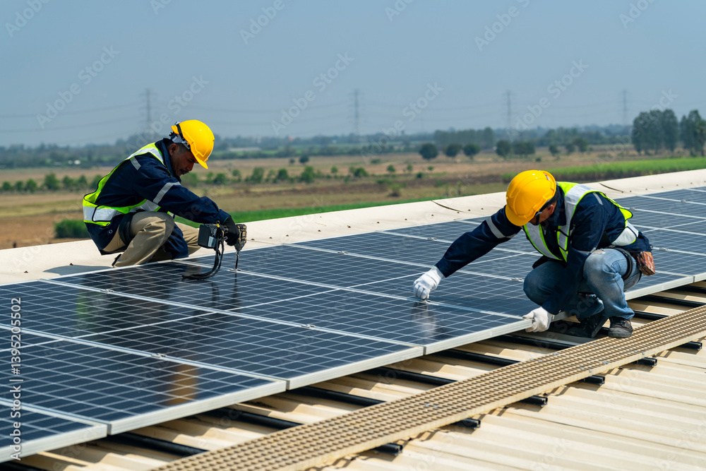 Fototapeta premium team of professionals installs solar panels, ensuring energy efficiency and sustainable development. The image represents green energy, eco-conscious solutions, and future solar power technology.