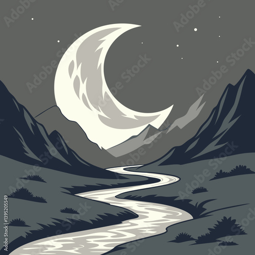 Winter Landscape With Mountains Melting Crescent Moon Over Mountain Valley – Glowing Silver Rivers Fantasy Landscape Vector