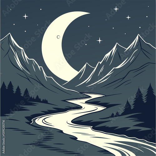 Winter Landscape With Mountains Melting Crescent Moon Over Mountain Valley – Glowing Silver Rivers Fantasy Landscape Vector