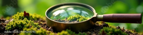 Close-up of magnifying glass over forest floor textures, stem, investigation, environment