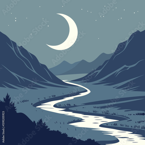Winter Landscape With Mountains Melting Crescent Moon Over Mountain Valley – Glowing Silver Rivers Fantasy Landscape Vector