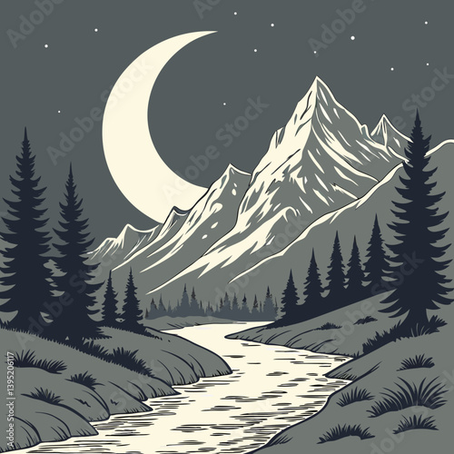 Winter Landscape With Mountains Melting Crescent Moon Over Mountain Valley – Glowing Silver Rivers Fantasy Landscape Vector