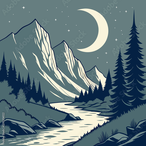 Winter Landscape With Mountains Melting Crescent Moon Over Mountain Valley – Glowing Silver Rivers Fantasy Landscape Vector