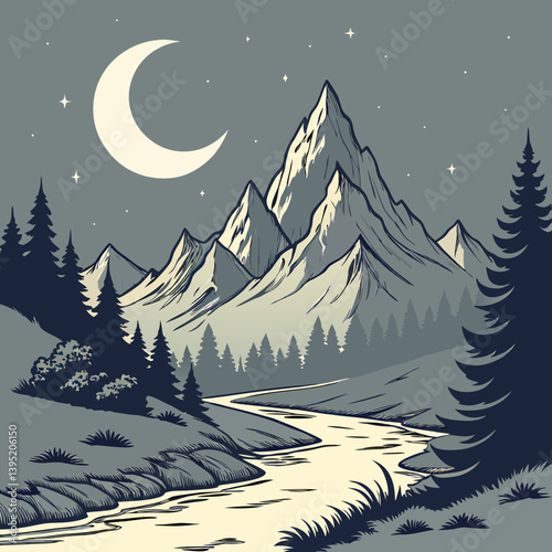 Winter Landscape With Mountains Melting Crescent Moon Over Mountain Valley – Glowing Silver Rivers Fantasy Landscape Vector