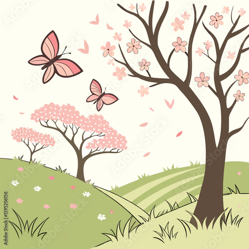 Peaceful Spring Field with Wildflowers and Trees
