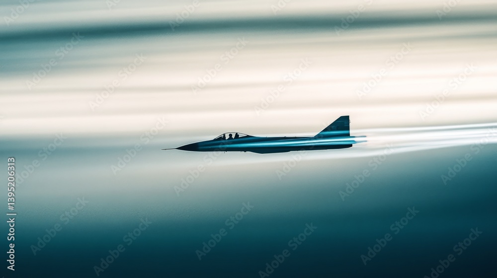 Naklejka premium A jet glides seamlessly, blurring into dawn’s light, embodying speed and elegance as it cuts through the soft sky.
