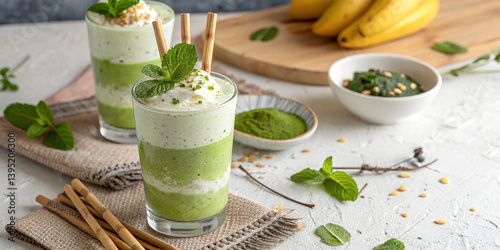 Layered green smoothie, Mason jar, Fresh mint leaves, Wooden table, Banana in background, Chia seeds, Matcha powder, Rustic setting, Natural light, Healthy breakfast, Superfood drink, Creamy texture, 
