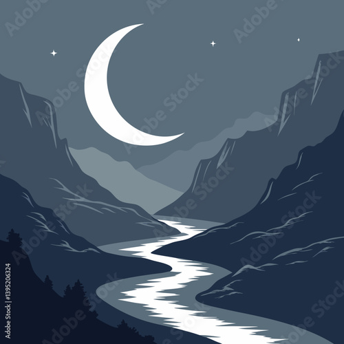 Winter Landscape With Mountains Melting Crescent Moon Over Mountain Valley – Glowing Silver Rivers Fantasy Landscape Vector