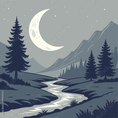 Winter Landscape With Mountains Melting Crescent Moon Over Mountain Valley – Glowing Silver Rivers Fantasy Landscape Vector