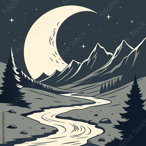 Winter Landscape With Mountains Melting Crescent Moon Over Mountain Valley – Glowing Silver Rivers Fantasy Landscape Vector