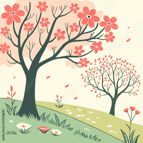 Sunny Spring Forest with Blooming Trees and Shrubs