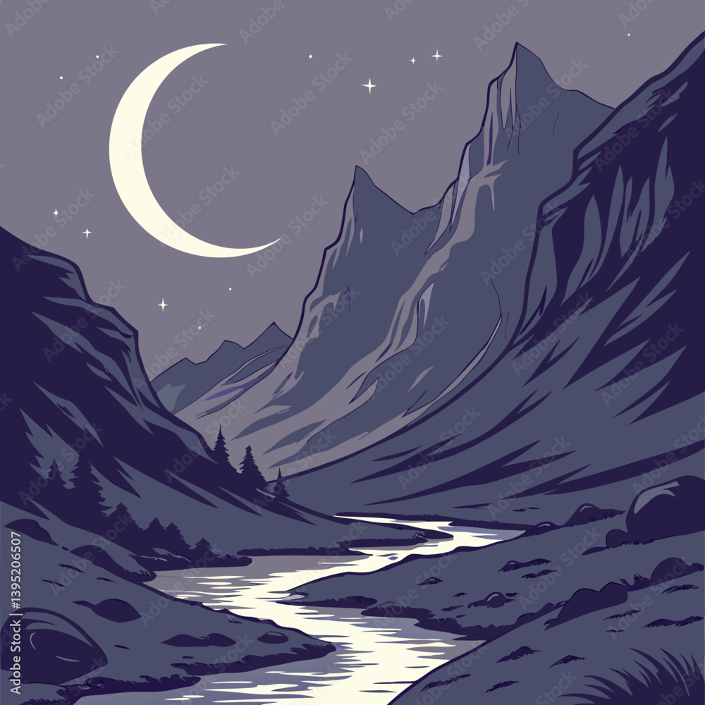 Fototapeta premium Winter Landscape With Mountains Melting Crescent Moon Over Mountain Valley – Glowing Silver Rivers Fantasy Landscape Vector