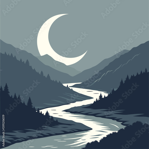 Winter Landscape With Mountains Melting Crescent Moon Over Mountain Valley – Glowing Silver Rivers Fantasy Landscape Vector