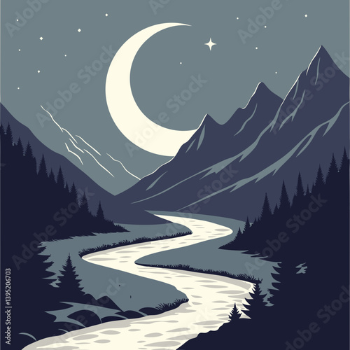 Winter Landscape With Mountains Melting Crescent Moon Over Mountain Valley – Glowing Silver Rivers Fantasy Landscape Vector