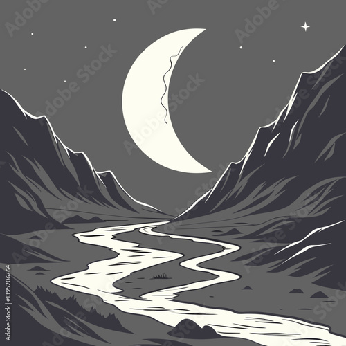 Winter Landscape With Mountains Melting Crescent Moon Over Mountain Valley – Glowing Silver Rivers Fantasy Landscape Vector