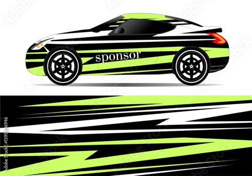 Sleek sports car with dynamic graphics parked against a minimalist background, showcasing modern design
