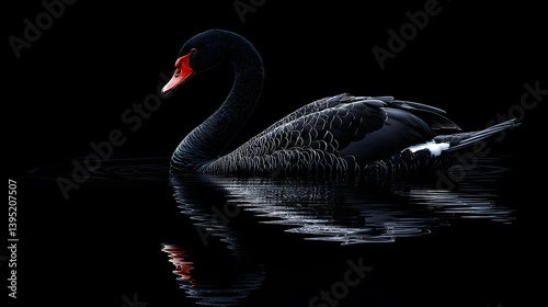 Fototapeta Naklejka Na Ścianę i Meble -  Elegant Black Swan in Tranquil Waters: A captivating black swan glides gracefully across the serene waters, its dark plumage contrasting beautifully with the water's reflective surface.