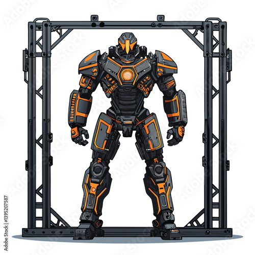 Create a vector illustration of a powerful mech warrior, bold lines, dynamic pose, single figure, detailed, futuristic, metallic textures.