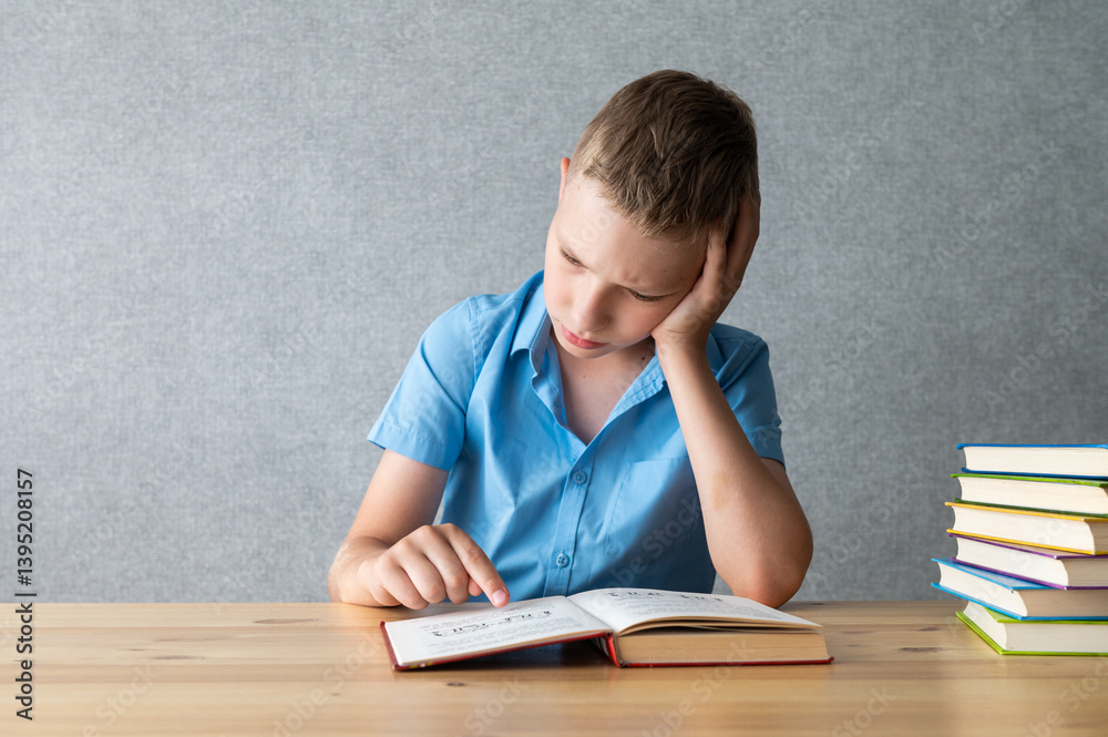 Young Boy Concentrating on Reading Books at Desk. World Dyslexia Awareness Day Young Boy Concentrating on Reading Books at Desk. World Dyslexia Awareness Day
