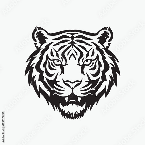3d tiger face black and white silhouette vector illustration.