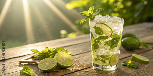 Refreshing mojito cocktail, sunlit wooden table, lime wedges, fresh mint leaves, tropical palm shadows, ice cubes, golden hour glow, rustic background, summer drink, high-resolution photography, soft 