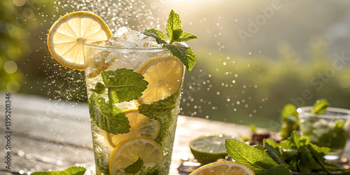 Refreshing mojito cocktail, sunlit glass, sparkling ice cubes, fresh mint leaves, lemon slice, vibrant green, golden hour glow, water droplets, splash effect, bokeh background, summer vibes,