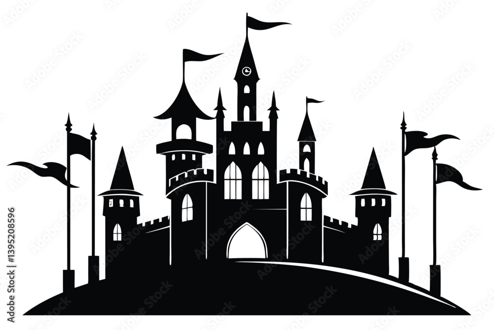 Obraz premium Fairy Tale Castle Silhouette with Flags, Towers, Clock, and Arches Isolated on White