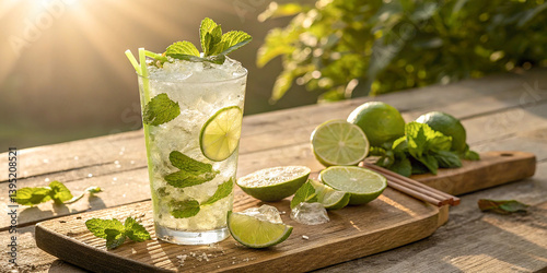 Refreshing mojito cocktail, sunlit wooden table, lime wedges, fresh mint leaves, tropical palm shadows, ice cubes, golden hour glow, rustic background, summer drink, high-resolution photography, soft 