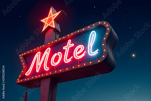Vintage Motel Sign with Neon Lights Aglow under a Twilight Sky, evoking a Sense of Nostalgia and American Road Trip Culture, radiating Warmth and Retro Charm