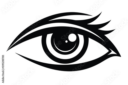 Eye Icon Silhouette Illustration, Detailed Eyelashes, Iris, Pupil on White Background