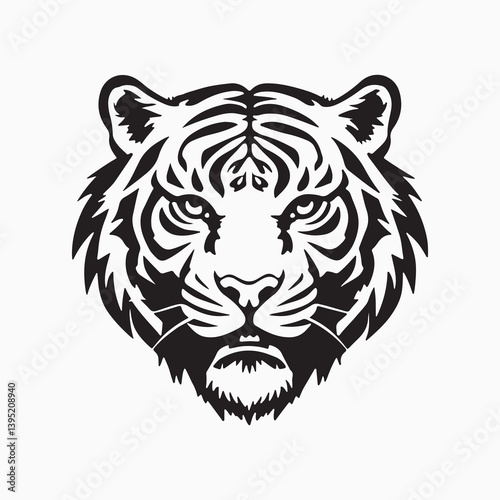 3d tiger face black and white silhouette vector illustration.