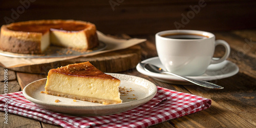 Slice of cheesecake on white plate, coffee cup and saucer, warm lighting, checkered tablecloth, cozy atmosphere, comfort food, dessert photography, shallow depth of field