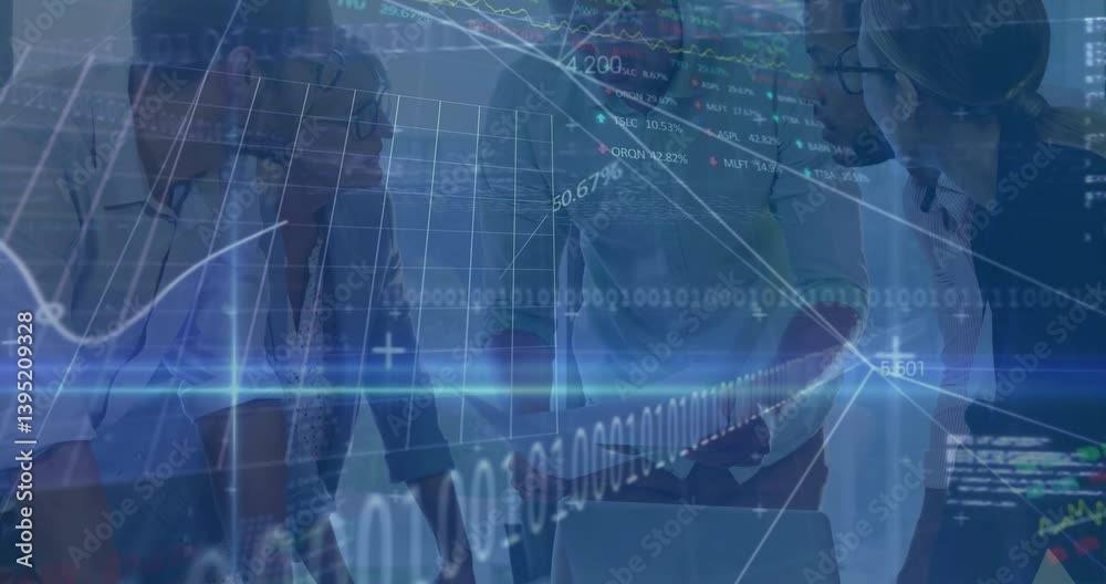 Discussing data, business professionals with digital financial graphs in office meeting Discussing data, business professionals with digital financial graphs in office meeting