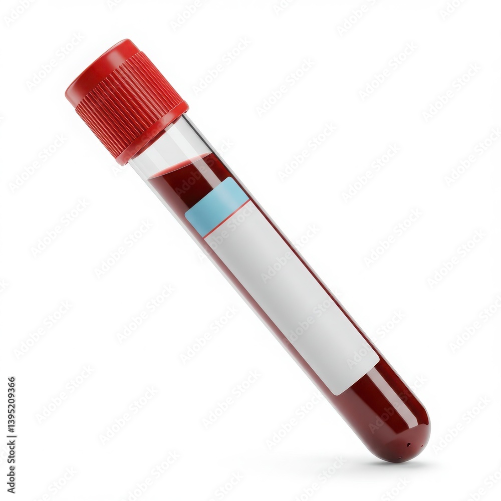 Photorealistic render of a medical test tube with blood sample, red cap, and white label isolated on white background Photorealistic render of a medical test tube with blood sample, red cap, and white label isolated on white background