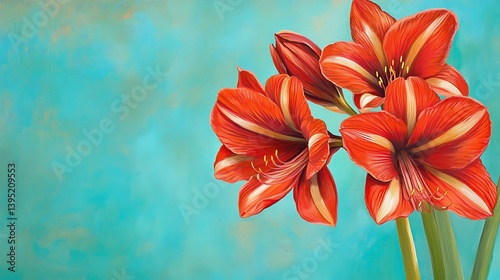 Striking red and striped Amaryllis blooms vibrantly against a teal-colored backdrop, capturing the flowera??s stunning beauty. photo