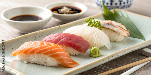 Sushi platter, assorted nigiri, fresh salmon, tuna, white fish, wasabi, pickled ginger, soy sauce bowls, chopsticks, ceramic plate, traditional Japanese cuisine, high-quality seafood, vibrant colors, 