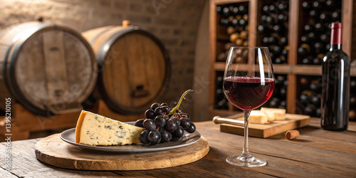 Wine tasting, rustic cellar, wooden barrels, cheese platter, red grapes, wine glasses, vintage bottles, atmospheric lighting, brick walls, gourmet experience, warm tones, wine cellar ambiance,