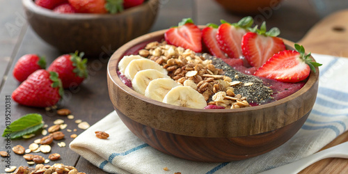 Wooden bowl, creamy oatmeal, fresh strawberries, blueberries, banana slices, chia seeds, nuts, healthy breakfast, rustic table, natural lighting, food photography, vibrant colors