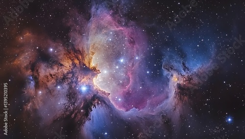 Colorful nebula with stars and cosmic dust in a vast space background.